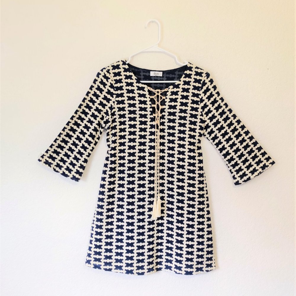 Embroidered Navy Blue & White 70's Inspired 3/4 Sleeve Mini Dress Size S